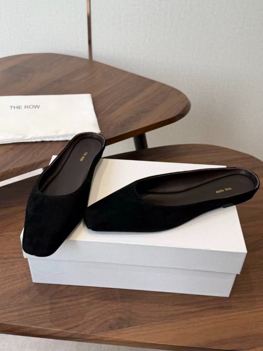 The Row Black Suede Square‑Toe Backless Mules